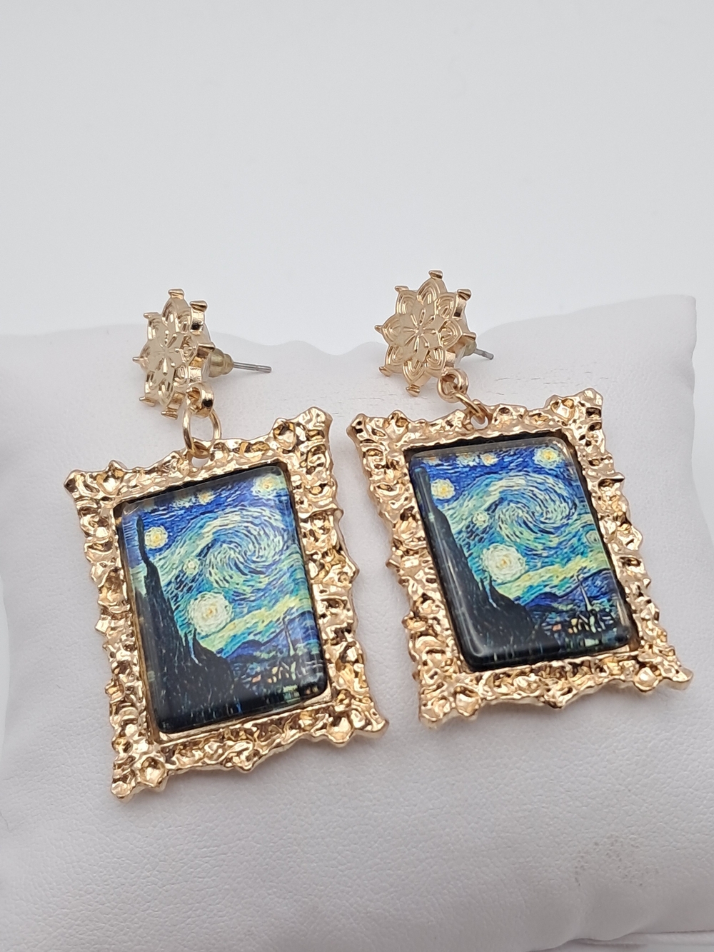 Miniature Van Gogh Starry Night Drop Earrings in Golden Frames Fine Art Painting